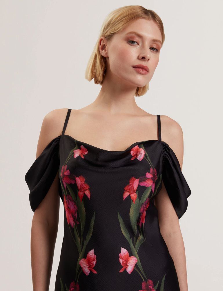 Ted Baker Lucern - Floral Satin Off Shoulder Bias Midi Dress Noir | 217843-SEY