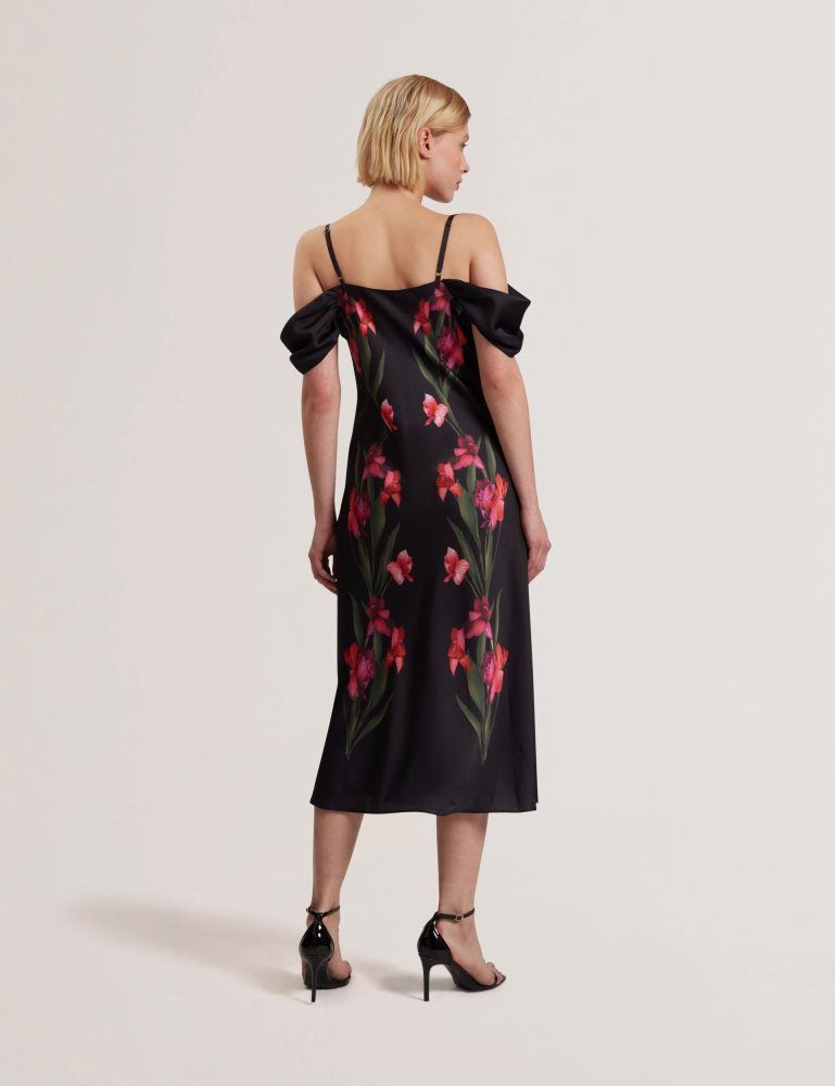 Ted Baker Lucern - Floral Satin Off Shoulder Bias Midi Dress Noir | 217843-SEY