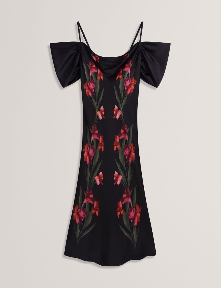 Ted Baker Lucern - Floral Satin Off Shoulder Bias Midi Dress Noir | 217843-SEY