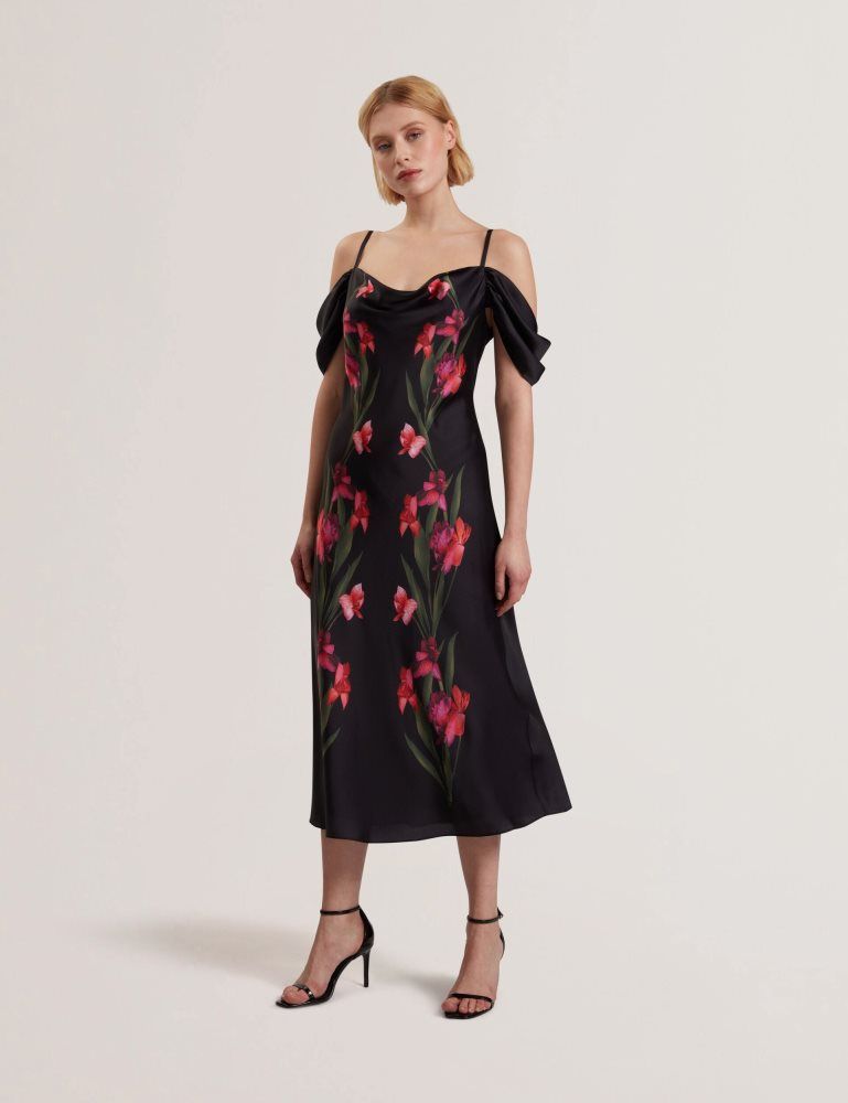 Ted Baker Lucern - Floral Satin Off Shoulder Bias Midi Dress Noir | 217843-SEY