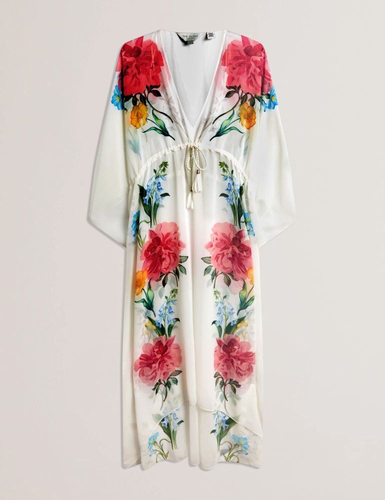 Ted Baker Luusaa - Floral V-neck Maxi Kaftan Beach Dress Blanche | 103596-DUH