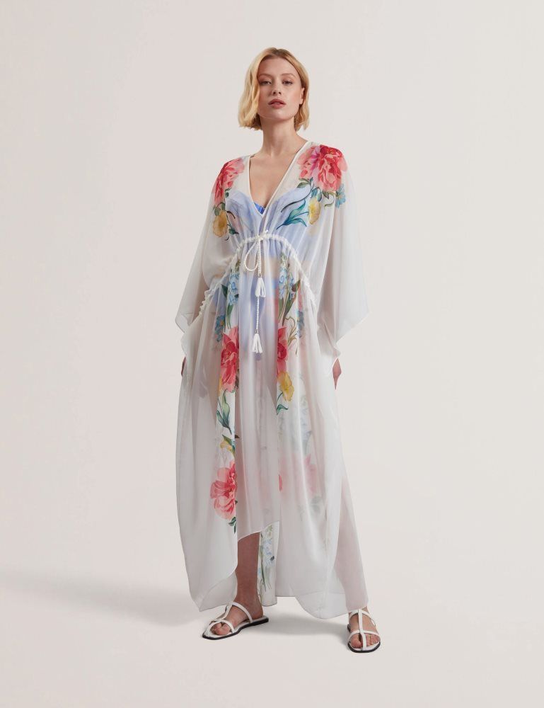Ted Baker Luusaa - Floral V-neck Maxi Kaftan Beach Dress Blanche | 103596-DUH