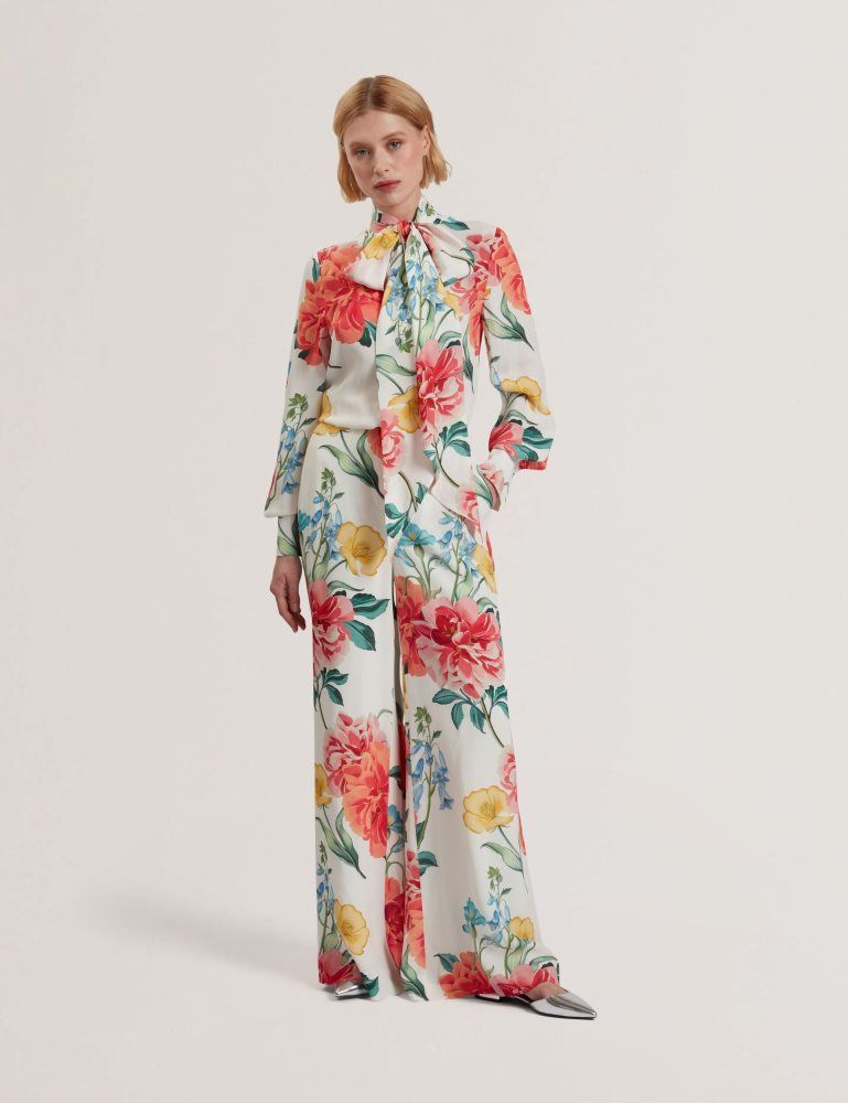 Ted Baker Luusile - Floral Print Tie Neck Long Sleeve Blouse Blanche | 960841-PRB