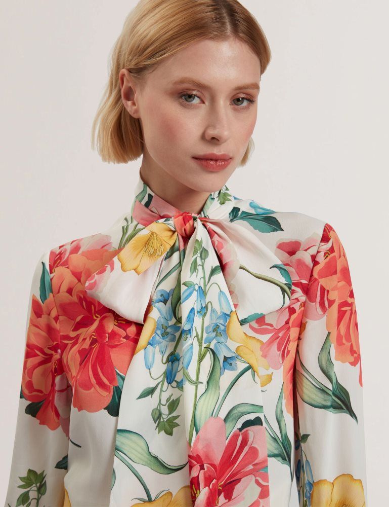 Ted Baker Luusile - Floral Print Tie Neck Long Sleeve Blouse Blanche | 960841-PRB