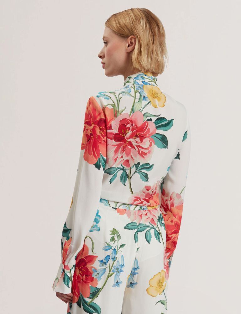 Ted Baker Luusile - Floral Print Tie Neck Long Sleeve Blouse Blanche | 960841-PRB