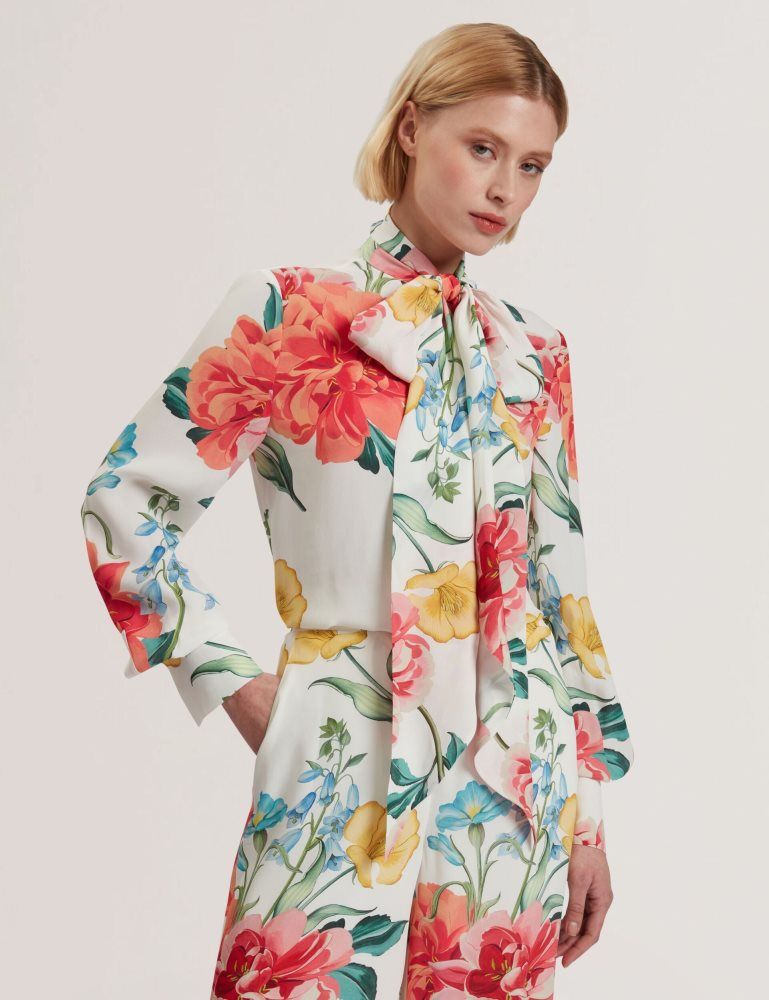Ted Baker Luusile - Floral Print Tie Neck Long Sleeve Blouse Blanche | 960841-PRB