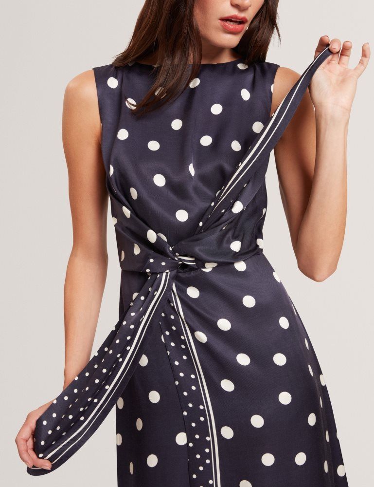Ted Baker Malmoa - Polka Dot Tie Detail Column Midi Dress Bleu Marine | 375904-GWM