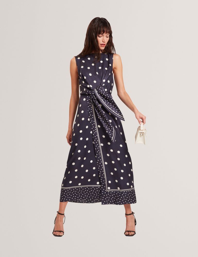 Ted Baker Malmoa - Polka Dot Tie Detail Column Midi Dress Bleu Marine | 375904-GWM