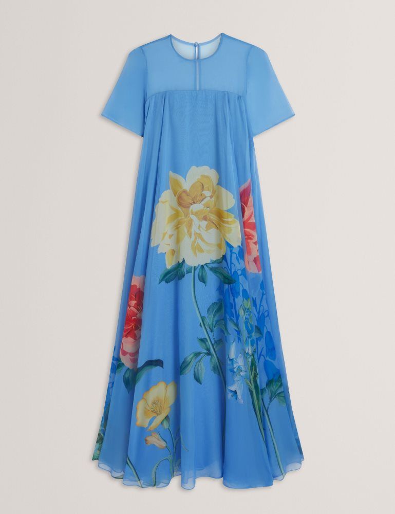 Ted Baker Malrie - Sheer Neck Floral Trapeze Maxi Dress Bleu | 498126-YUW