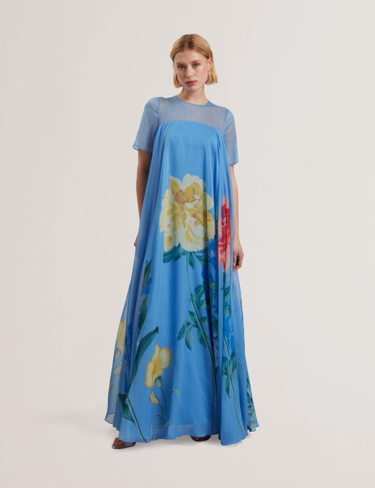 Ted Baker Malrie - Sheer Neck Floral Trapeze Maxi Dress Bleu | 498126-YUW