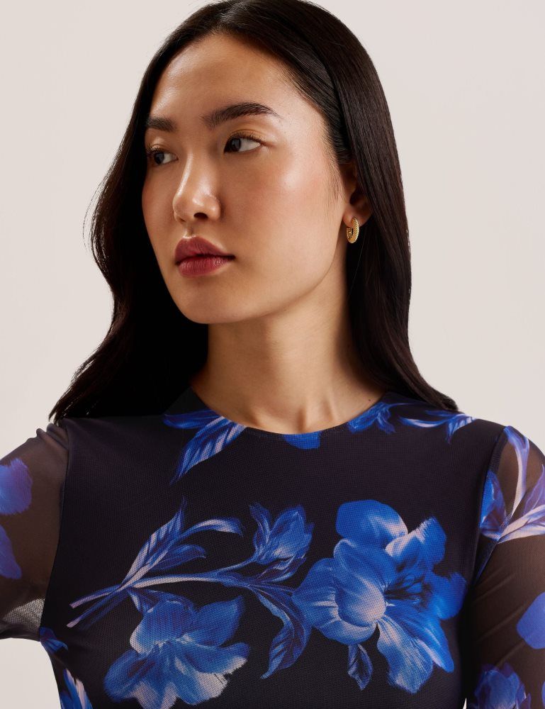 Ted Baker Marliyy - Floral Print Bodycon Mesh Midi Dress Bleu | 528619-TZV