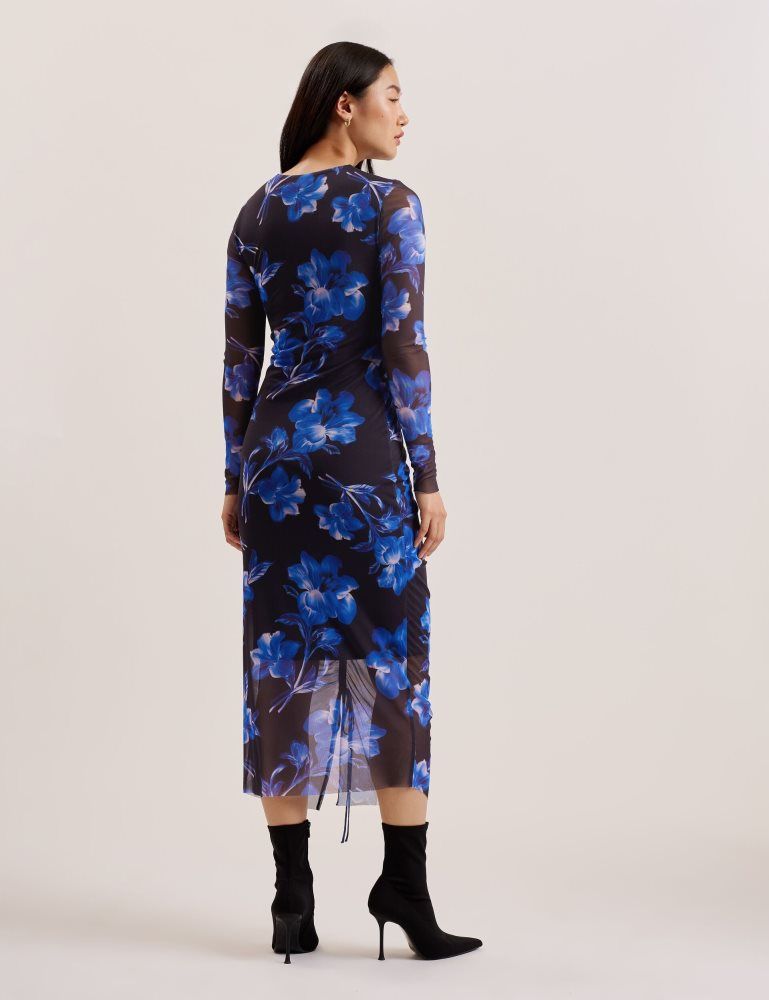 Ted Baker Marliyy - Floral Print Bodycon Mesh Midi Dress Bleu | 528619-TZV