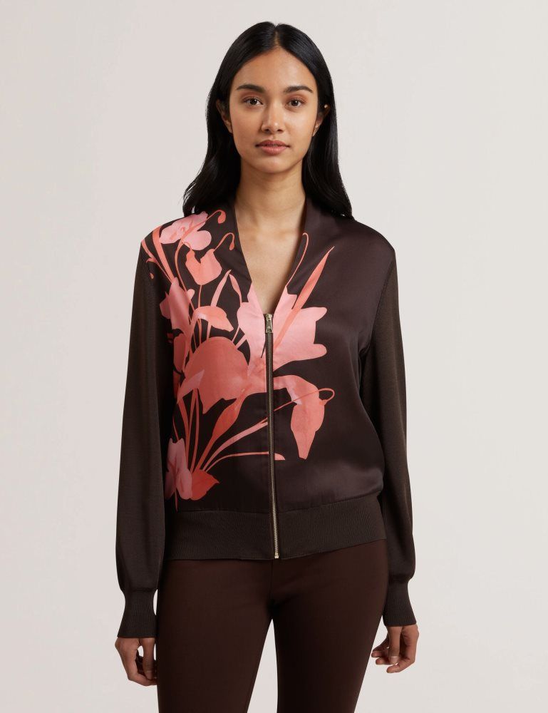 Ted Baker Matiina - Printed Front Zip-up Bomber Cardigan Marron | 592014-DME
