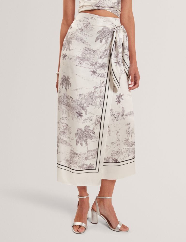 Ted Baker Melva - Printed Tie Detail Wrap Midi Skirt Blanche | 375164-SKA