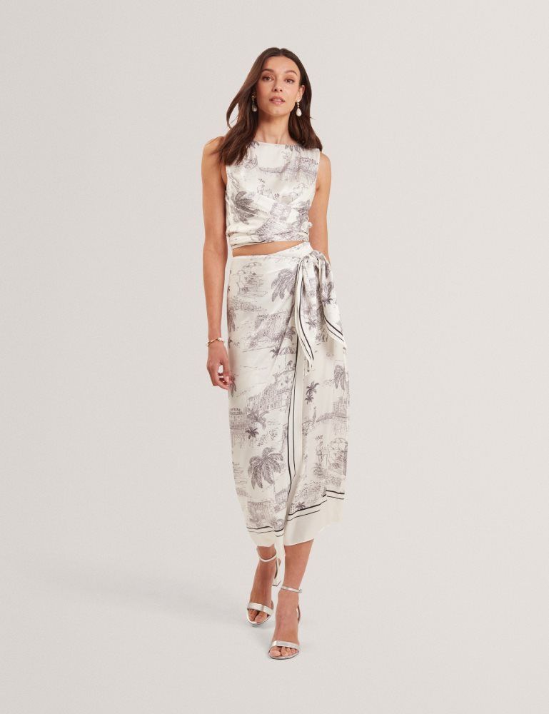 Ted Baker Melva - Printed Tie Detail Wrap Midi Skirt Blanche | 375164-SKA