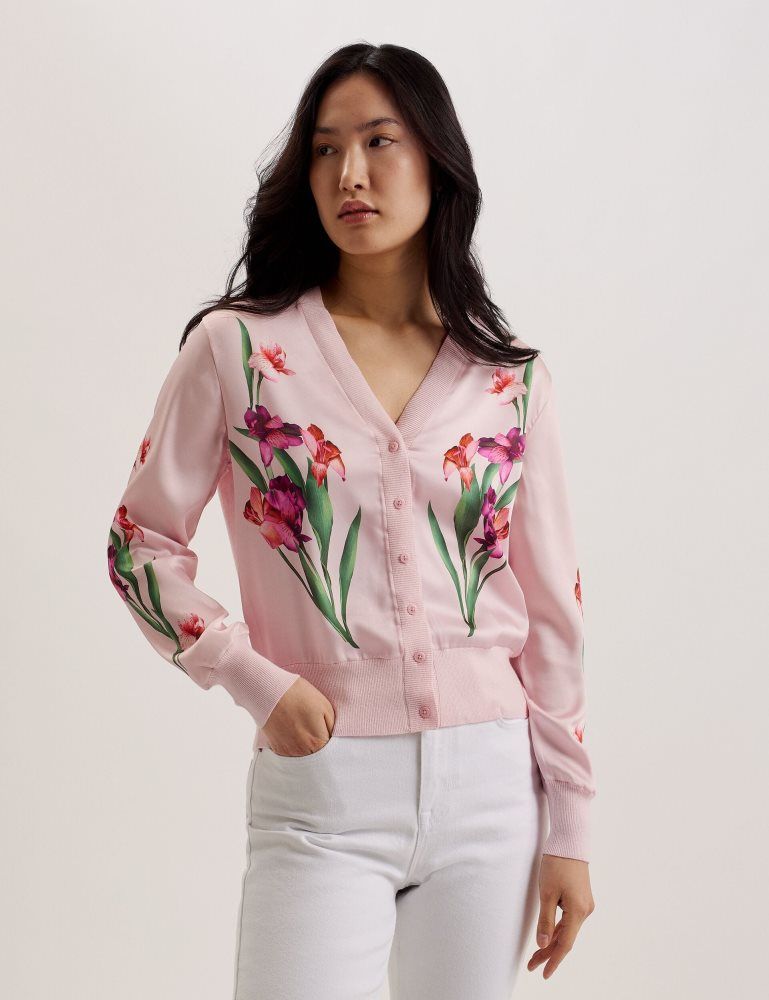 Ted Baker Meralll - Floral Woven Front V-neck Cardigan Rose | 136985-WNM