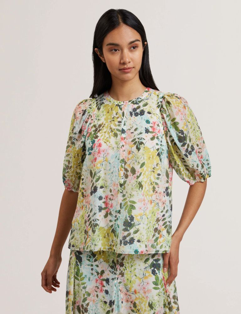 Ted Baker Micha - Floral Binding Detail Puffed Sleeve Blouse Blanche | 196430-LCY
