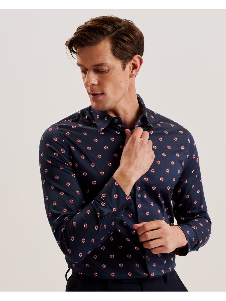Ted Baker Mikceal - Floral Pattern Slim Fit Long Sleeve Shirt Bleu Marine | 186032-XAG
