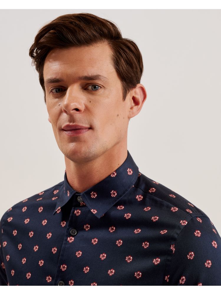 Ted Baker Mikceal - Floral Pattern Slim Fit Long Sleeve Shirt Bleu Marine | 186032-XAG