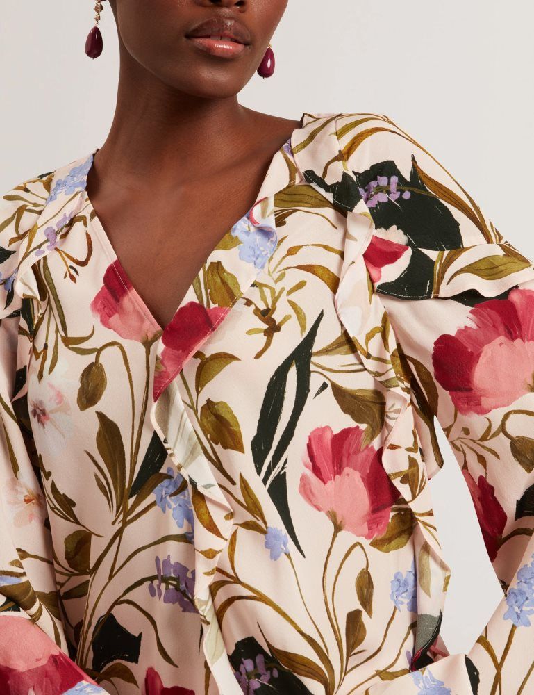 Ted Baker Minasa - Floral Print Frill Trim Long Sleeve Blouse Rose | 596032-NZS
