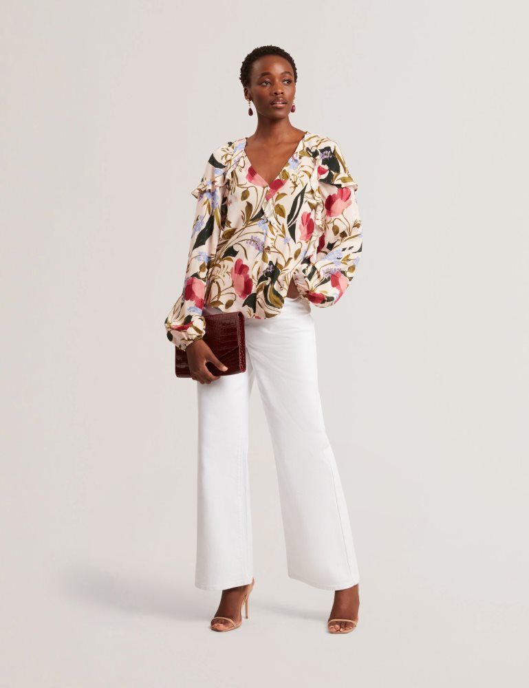 Ted Baker Minasa - Floral Print Frill Trim Long Sleeve Blouse Rose | 596032-NZS