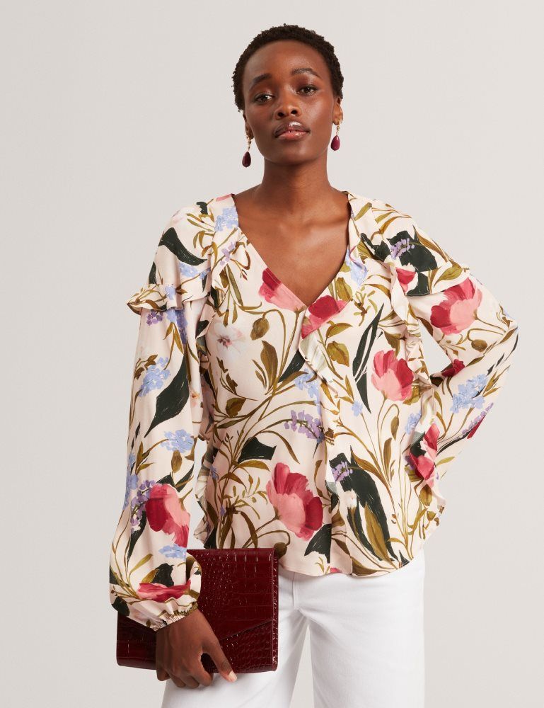 Ted Baker Minasa - Floral Print Frill Trim Long Sleeve Blouse Rose | 596032-NZS