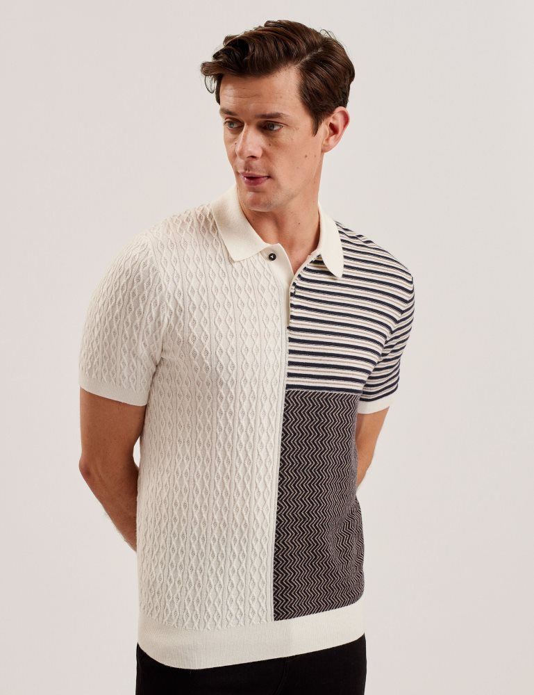Ted Baker Minsta - Textured Patchwork Knit Polo Shirt Ecru | 438102-MZU