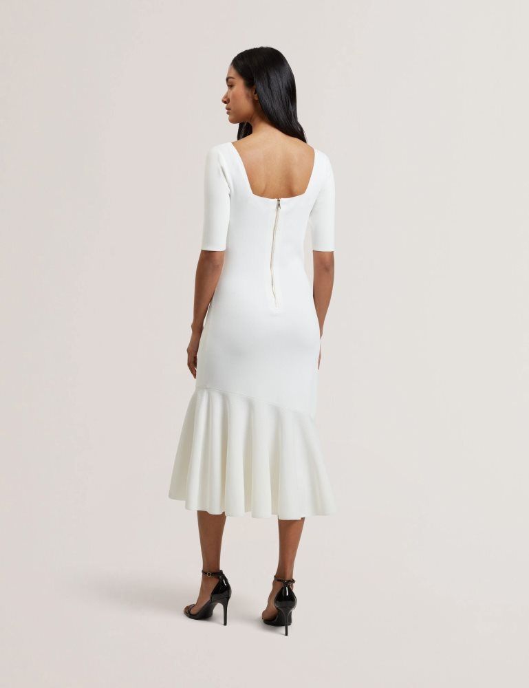 Ted Baker Miyhaa - Flippy Hem Square Neck Knitted Midi Dress Blanche | 518649-TXW