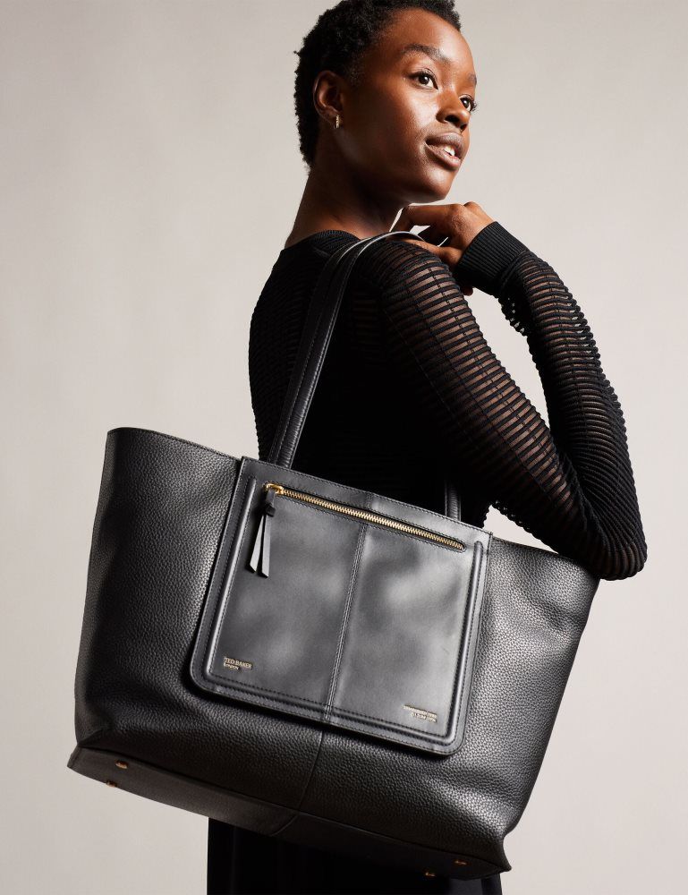 Ted Baker Nish - Wide Leather Shopper Bag With Zip Pocket Noir | 159803-VJW