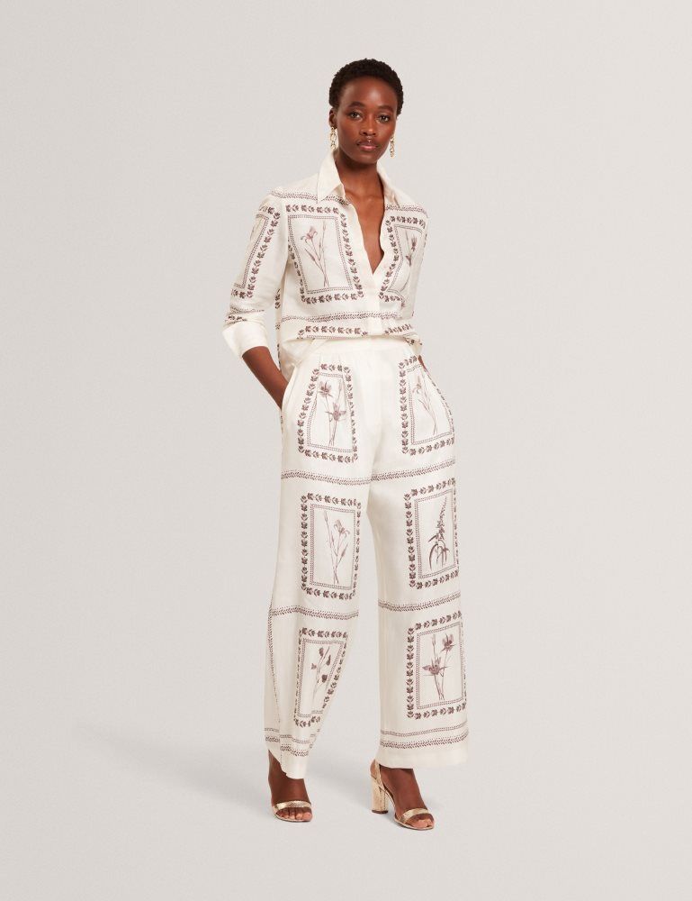 Ted Baker Ornitha - Panel Print Silk Linen Wide Leg Trousers Blanche | 764231-TXQ