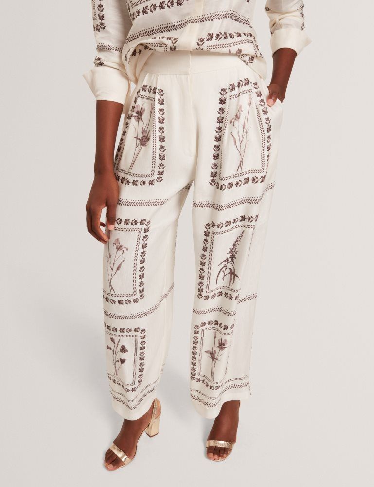 Ted Baker Ornitha - Panel Print Silk Linen Wide Leg Trousers Blanche | 764231-TXQ
