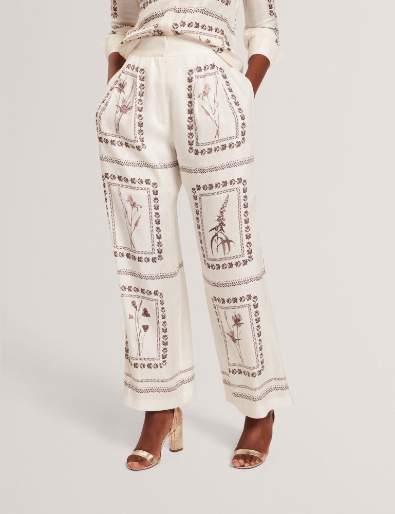 Ted Baker Ornitha - Panel Print Silk Linen Wide Leg Trousers Blanche | 764231-TXQ