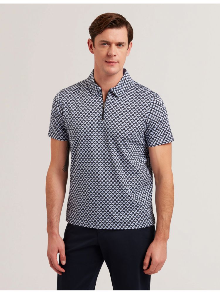 Ted Baker Ounslo - Printed Zip Neck Cotton Polo Shirt Bleu | 532796-TBG