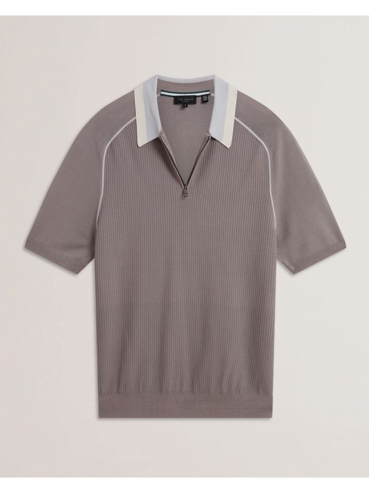 Ted Baker Paxto - Textured Zip Polo With Striped Collar Grise | 482935-FOK