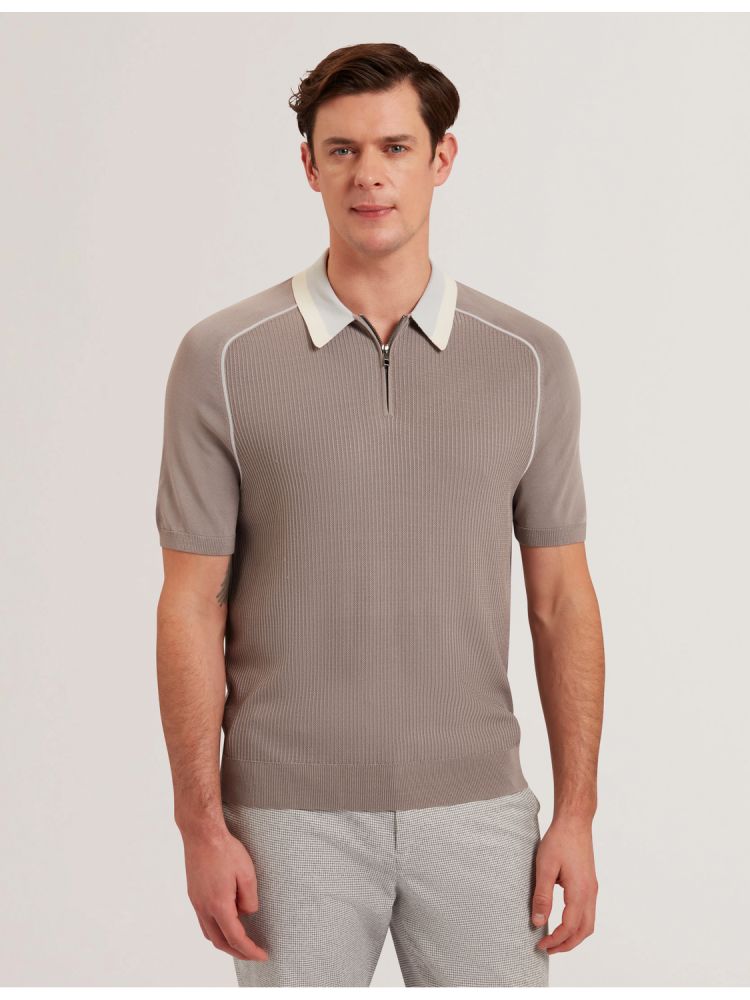 Ted Baker Paxto - Textured Zip Polo With Striped Collar Grise | 482935-FOK