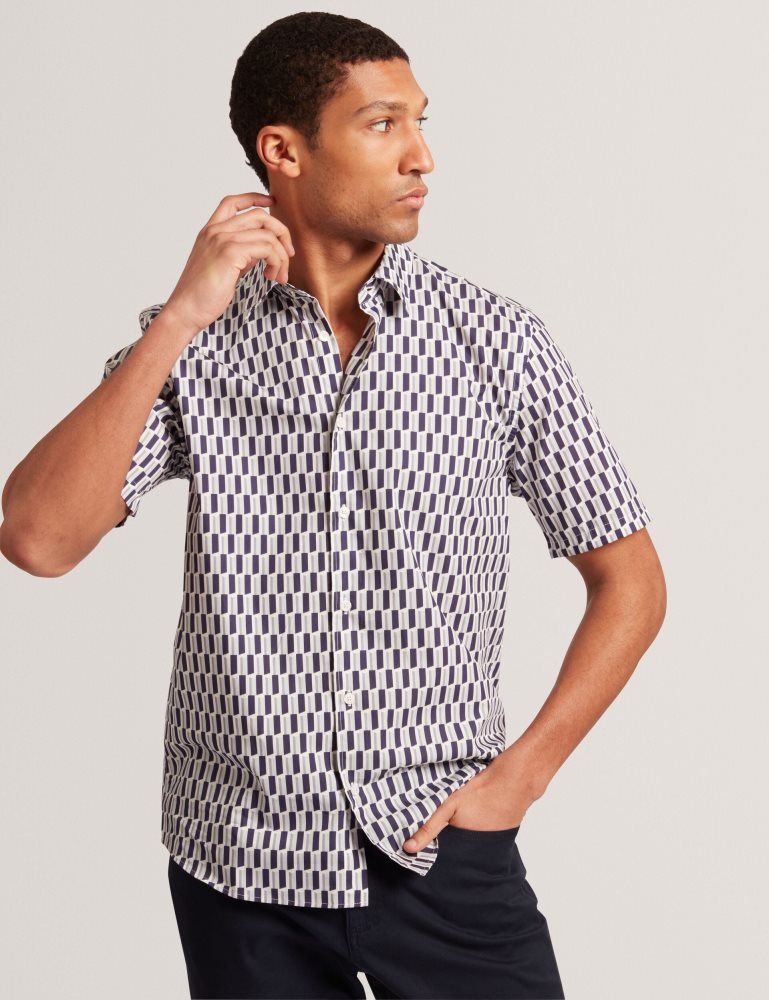 Ted Baker Pearsos - Geo Print Short Sleeve Cotton Shirt Bleu Marine | 673298-VGW