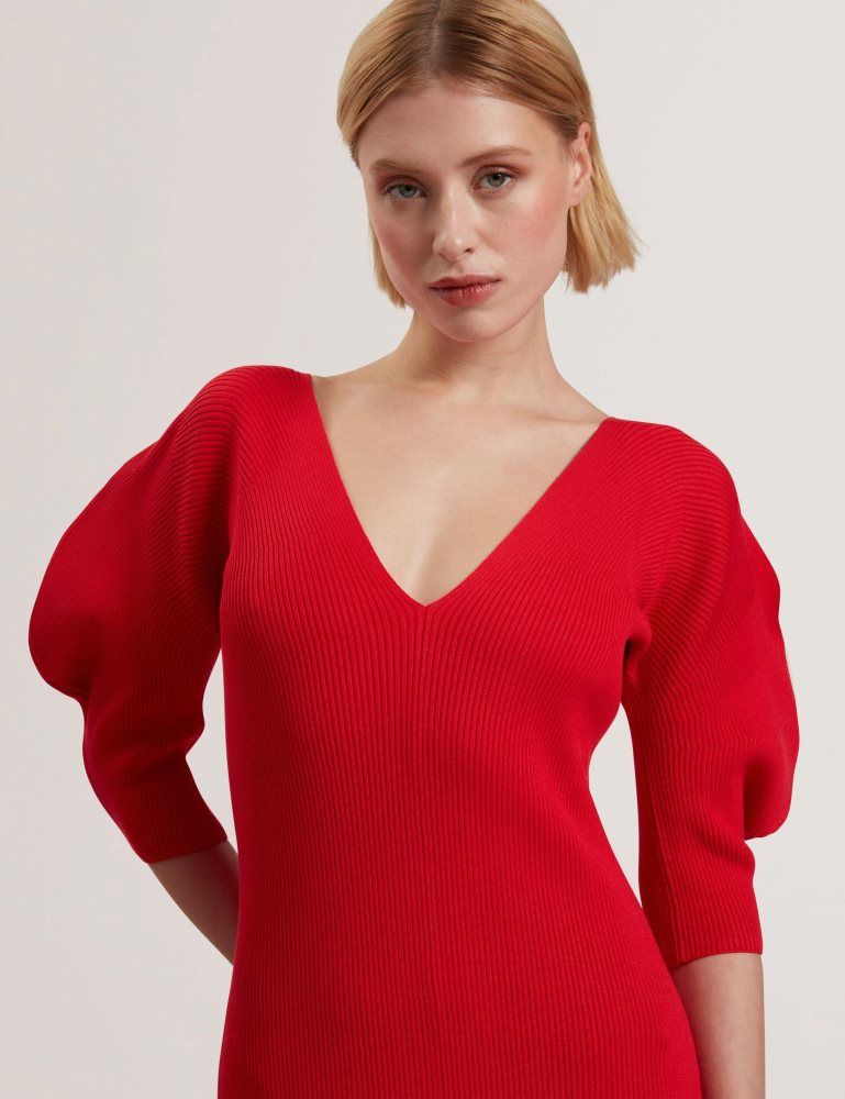 Ted Baker Pricila - Shaped Sleeve Knitted Bodycon Midi Dress Rouge | 134867-QVC
