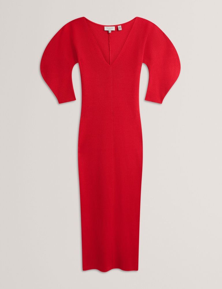 Ted Baker Pricila - Shaped Sleeve Knitted Bodycon Midi Dress Rouge | 134867-QVC