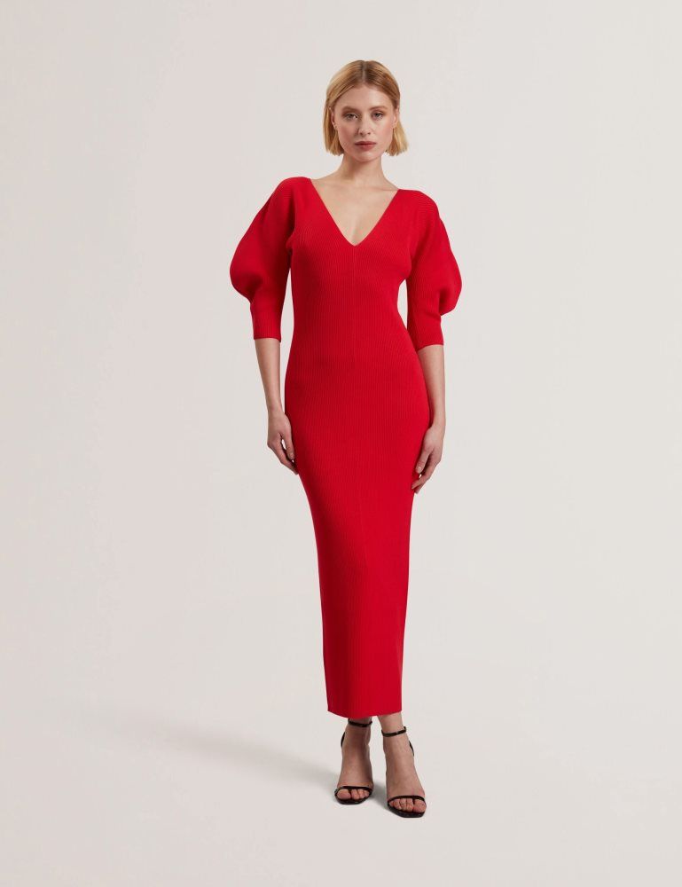Ted Baker Pricila - Shaped Sleeve Knitted Bodycon Midi Dress Rouge | 134867-QVC