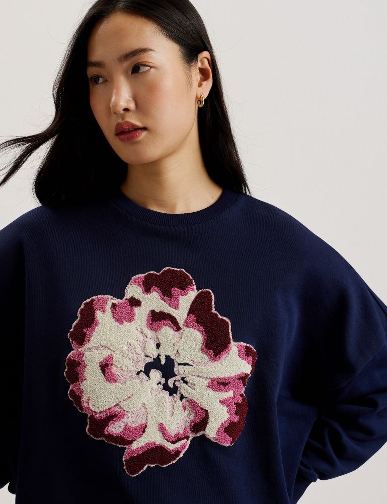 Ted Baker Raynahh - Textured Floral Graphic Cotton Sweatshirt Bleu Marine | 362104-FDB