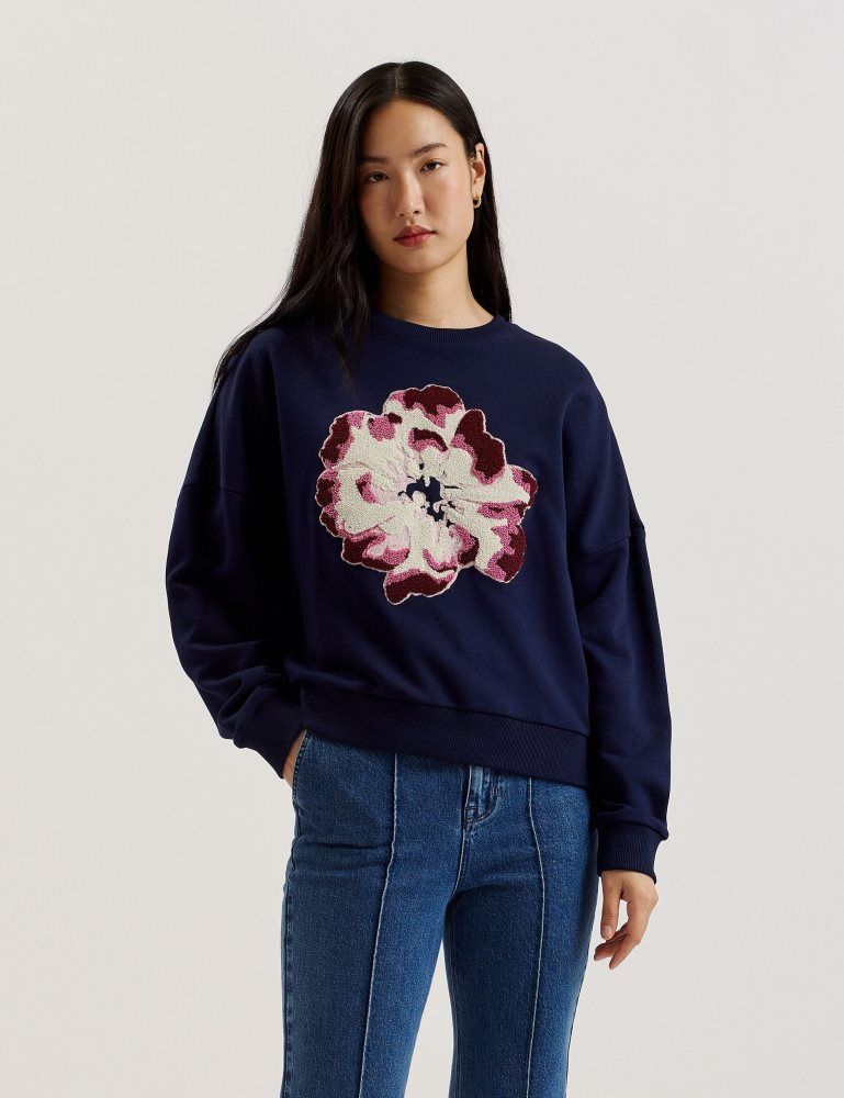 Ted Baker Raynahh - Textured Floral Graphic Cotton Sweatshirt Bleu Marine | 362104-FDB