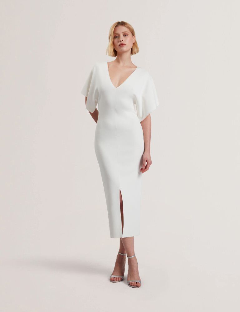 Ted Baker Rebexxa - Wide Sleeve Knitted Bodycon Midi Dress Blanche | 672415-UXS