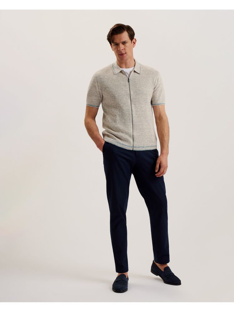 Ted Baker Rojor - Textured Linen Blend Zip Through Polo Shirt Beige | 327154-ASV
