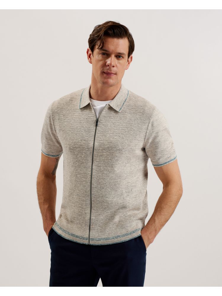 Ted Baker Rojor - Textured Linen Blend Zip Through Polo Shirt Beige | 327154-ASV
