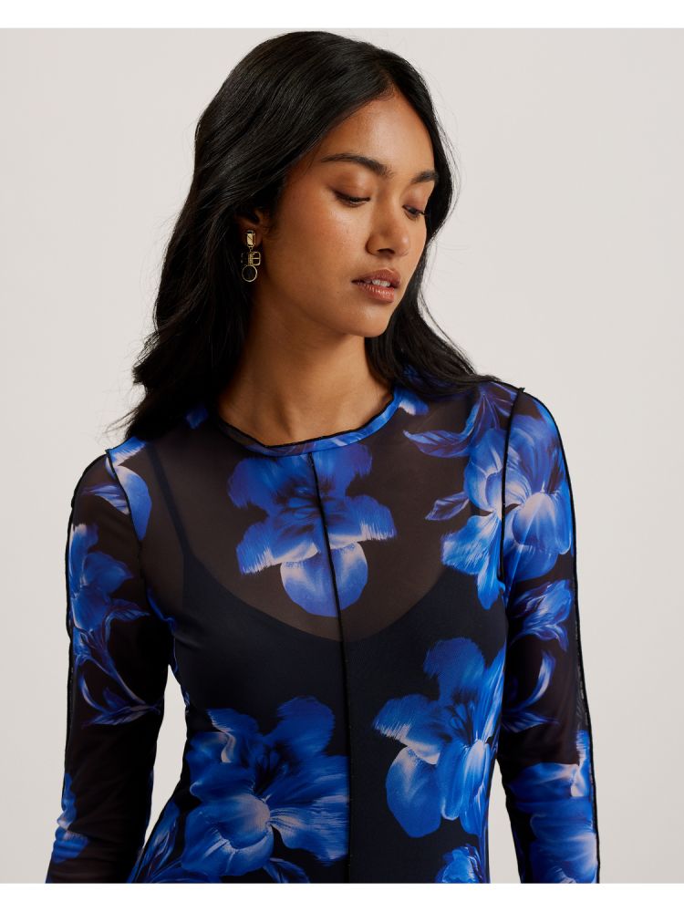 Ted Baker Rozeen - Mesh Long Sleeve Printed Dress Bleu | 891207-CNZ
