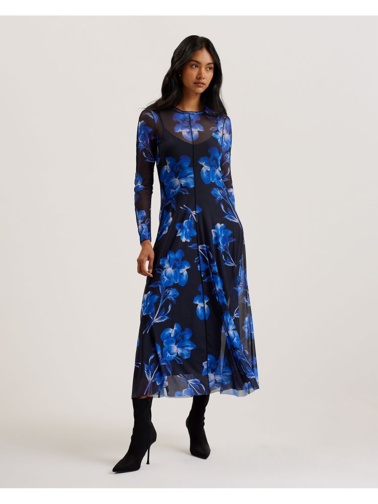 Ted Baker Rozeen - Mesh Long Sleeve Printed Dress Bleu | 891207-CNZ