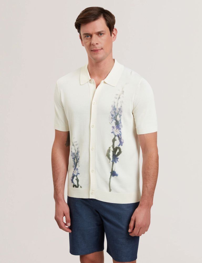 Ted Baker Ruits - Short Sleeve Floral Placement Polo Ecru | 745086-HWK