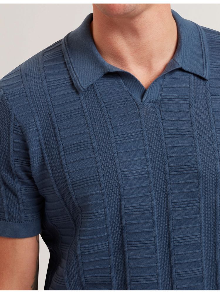 Ted Baker Ruzza - Textured Stripe Open Neck Knitted Polo Shirt Bleu | 105248-MVY