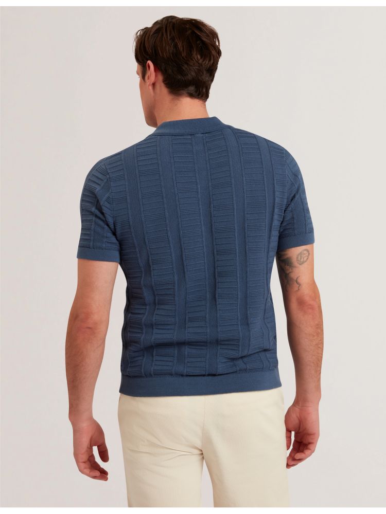 Ted Baker Ruzza - Textured Stripe Open Neck Knitted Polo Shirt Bleu | 105248-MVY