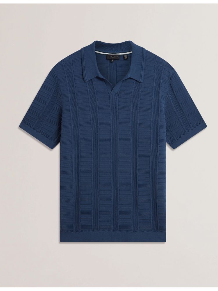 Ted Baker Ruzza - Textured Stripe Open Neck Knitted Polo Shirt Bleu | 105248-MVY